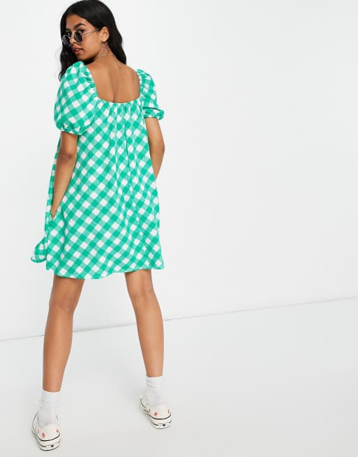 ASOS DESIGN - Robe courte texturée à manches bouffantes et imprimé vichy - Vert , 2 de 4