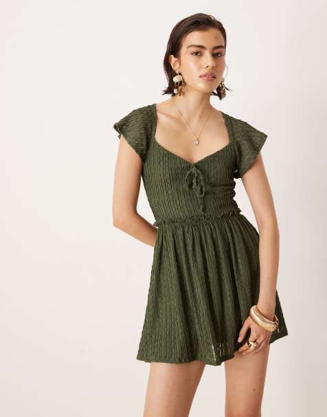 ASOS DESIGN - Robe courte texturée à manches évasées - Kaki - view 1