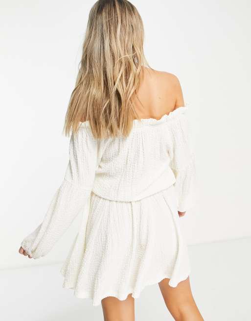 ASOS DESIGN - Robe courte texturée à manches longues et encolure Bardot - Ivoire, 2 de 4