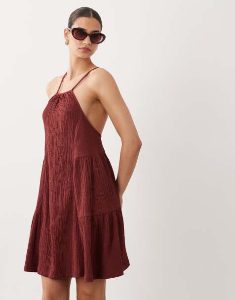 ASOS DESIGN - Robe courte trapèze dos nu en tissu texturé - Rouille - view 1