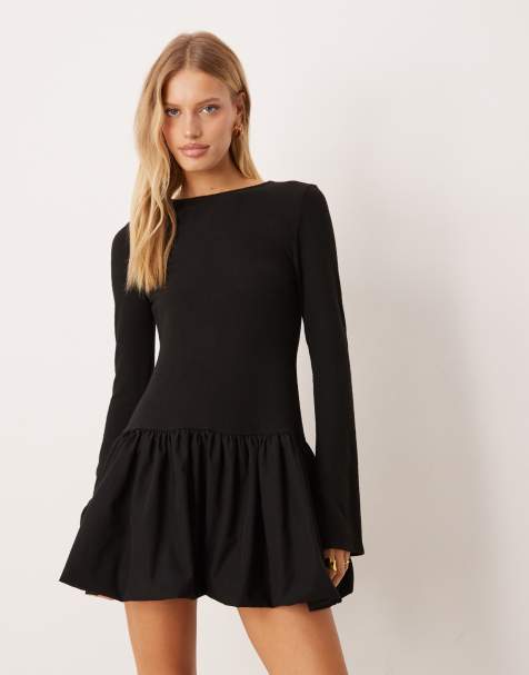 ASOS DESIGN - Robe courte ultra courte avec manches longues et ourlet boule - Noir - view 1