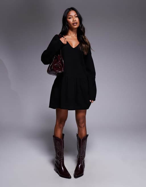 ASOS DESIGN - Robe courte ultra douce à col en V et taille basse - Noir, 2 de 4