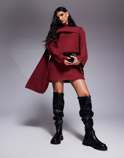 ASOS DESIGN - Robe courte ultra douce à détail foulard - Bordeaux - view 1