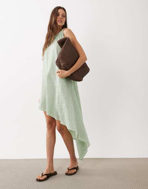 ASOS DESIGN - Robe courte volumineuse à ourlet asymétrique - Rayures vertes - view 1