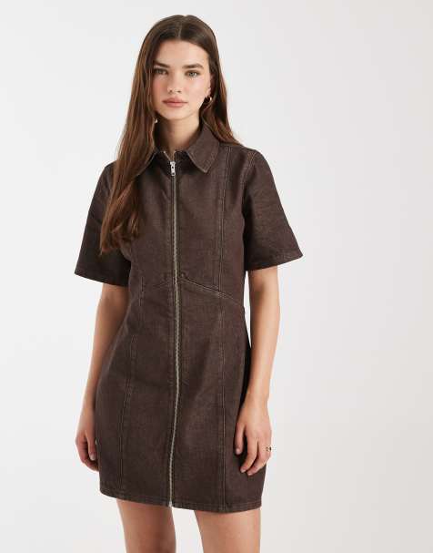 ASOS DESIGN - Robe courte zippée en jean - Marron - view 1