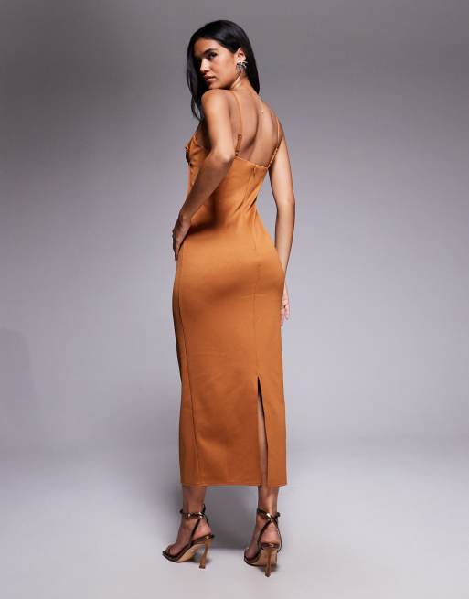 ASOS DESIGN - Robe crayon mi-longue structurée avec coutures apparentes et corset détaillé - Bronze, 2 de 4