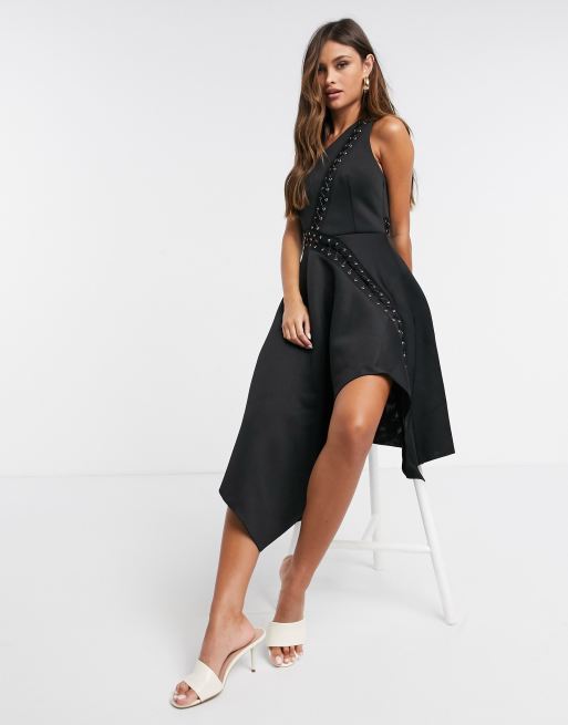 ASOS DESIGN Robe de bal de promo mi longue asymetrique avec ourlet asymetrique et detail a lacage et illets Noir