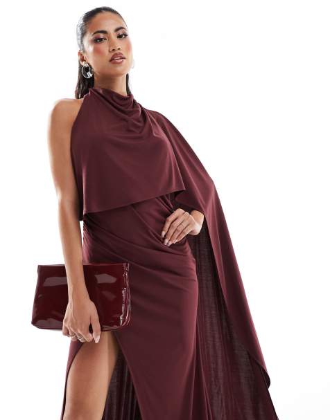 ASOS DESIGN - Robe de gala asymétrique et longue effet cape avec traîne - Bordeaux - view 1