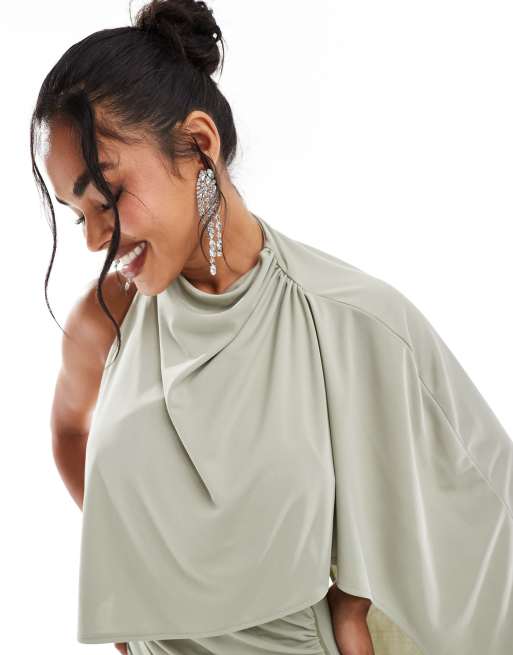 ASOS DESIGN Robe de gala asymetrique et longue effet cape avec traine Vert sauge ASOS