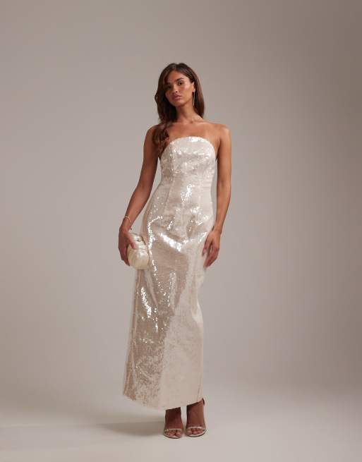 ASOS DESIGN - Robe de mariée bandeau longueur mollet à sequins avec encolure en demi-lune - Argenté, 2 de 6