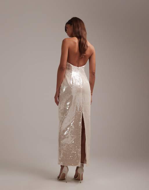 ASOS DESIGN - Robe de mariée bandeau longueur mollet à sequins avec encolure en demi-lune - Argenté, 3 de 6