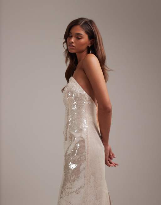 ASOS DESIGN - Robe de mariée bandeau longueur mollet à sequins avec encolure en demi-lune - Argenté, 5 de 6