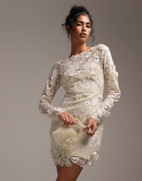 ASOS DESIGN - Robe de mariée courte à manches longues et broderies - Crème - view 1