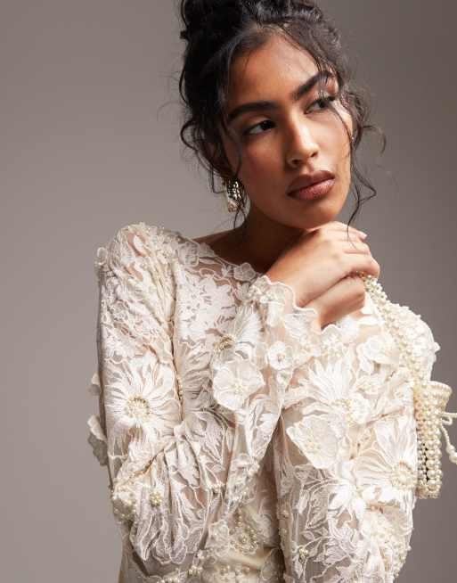 ASOS DESIGN Robe de mariee courte a manches longues et broderies Creme