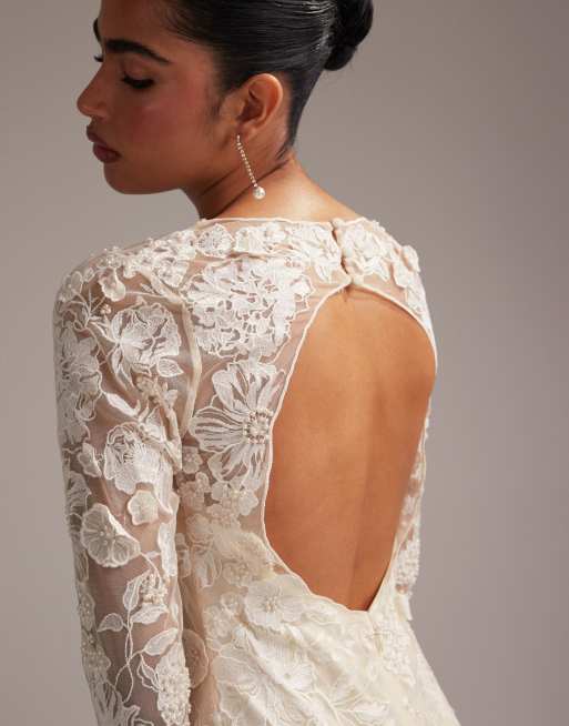 ASOS DESIGN - Robe de mariée courte à manches longues et broderies - Crème, 4 de 6