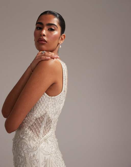ASOS DESIGN - Robe de mariée longue à encolure carrée ornementée de cristaux, 2 de 6