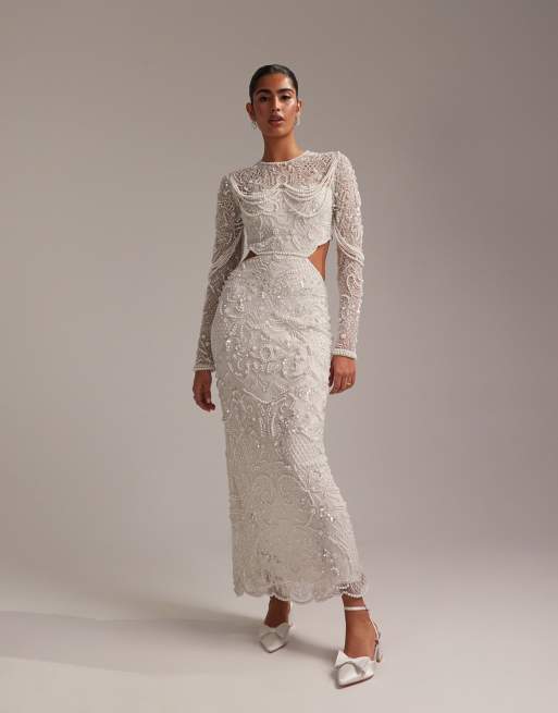 ASOS DESIGN - Robe de mariée longue coupe droite ornementée de perles et taille découpée, 6 de 6
