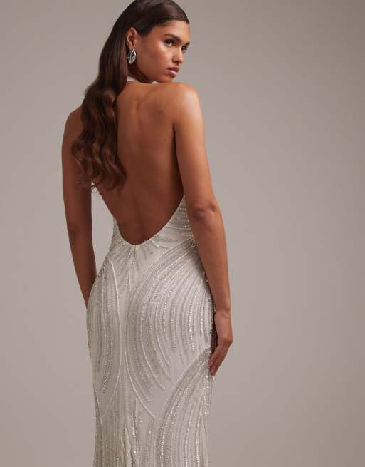 ASOS DESIGN - Robe de mariée longue dos nu ornée de perles - Blanc, 4 de 5