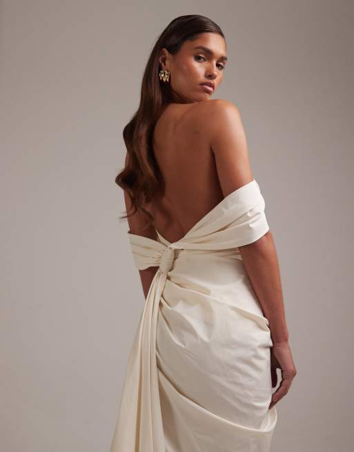 ASOS DESIGN - Robe de mariée longue drapée en taffetas avec encolure bardot et liens au dos - Ivoire, 4 de 5