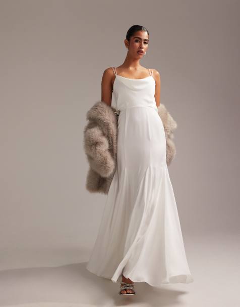 ASOS DESIGN - Robe de mariée longue en satin à col bénitier, fines bretelles et ourlet basque - Blanc - view 1