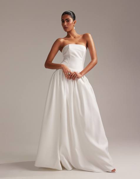 ASOS DESIGN - Robe de mariée longue en satin structuré à taille basse - Blanc - view 1