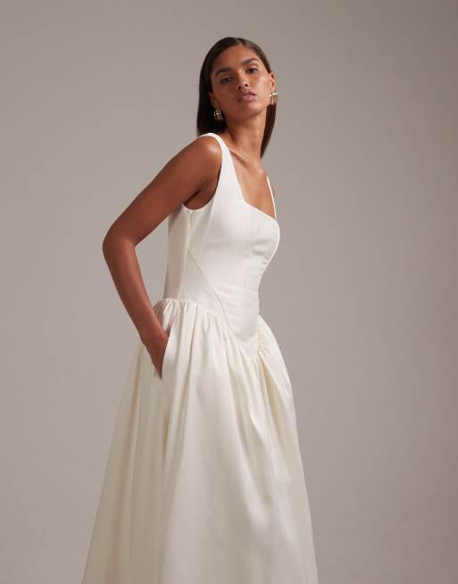 ASOS DESIGN - Robe de mariée mi-longue structurée à jupe évasée et encolure carrée - Ivoire, 2 de 6