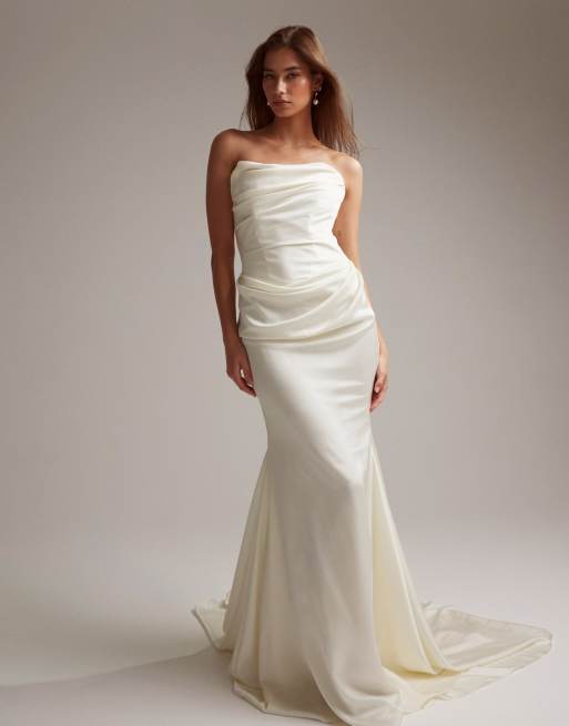 ASOS DESIGN - Robe de mariée satinée avec traîne et encolure bandeau - Ivoire, 6 de 6