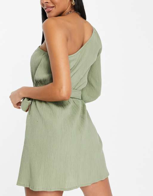 ASOS DESIGN - Robe de plage courte asymétrique ceinturée en tissu froissé - Kaki , 3 de 4