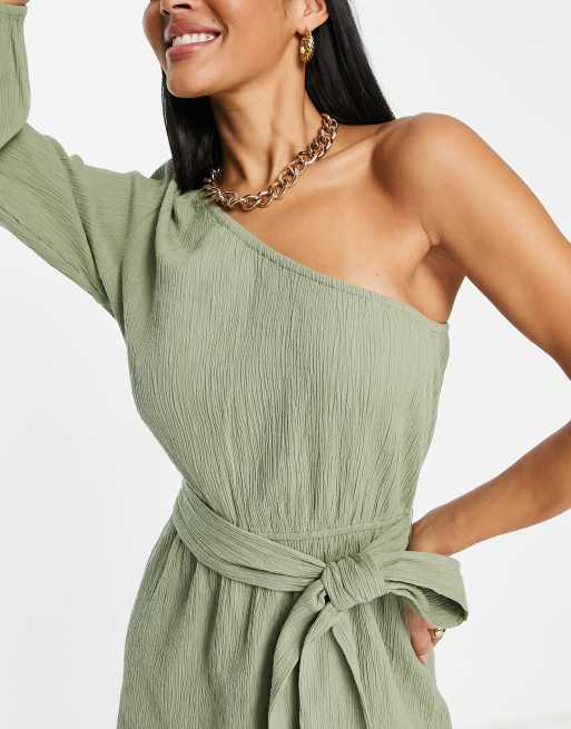 ASOS DESIGN - Robe de plage courte asymétrique ceinturée en tissu froissé - Kaki , 4 de 4