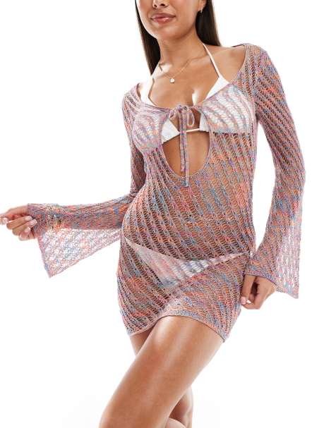 ASOS DESIGN - Robe de plage courte en maille à manches longues et liens devant - Multicolore - view 1