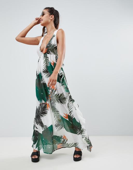 ASOS DESIGN Robe de plage longue imprim tropical et volants l arri re