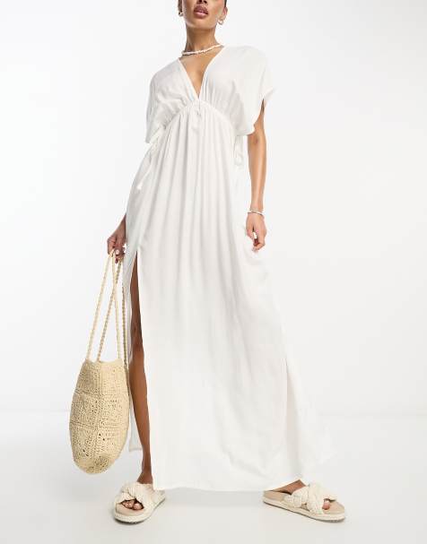 ASOS DESIGN - Robe de plage longue à manches évasées avec lien noué sur la taille - Blanc - view 1