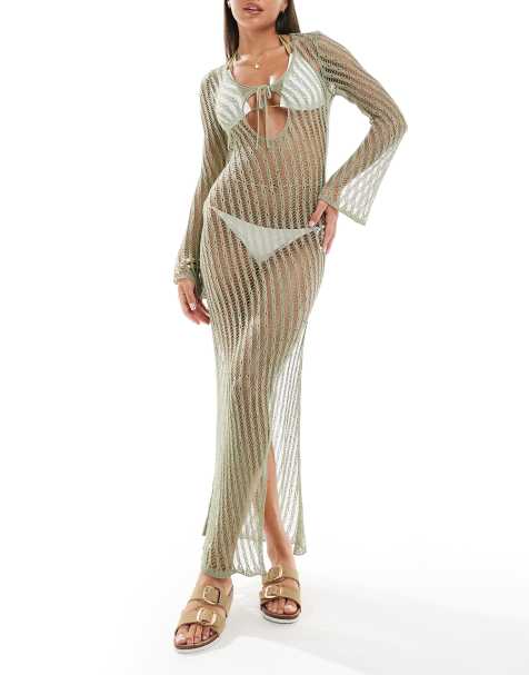 ASOS DESIGN - Robe de plage longue en maille à manches longues et liens devant - Vert sauge - view 1