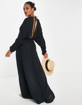 ASOS DESIGN - Robe de plage longue en tissu froncé effet froissé avec manches longues et décolleté - Noir | ASOS