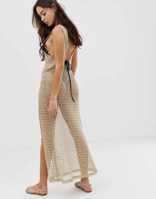 Asos Design Robe De Plage Longue Glamour En Maille Avec Sequins Et Tulle De Jersey Doré