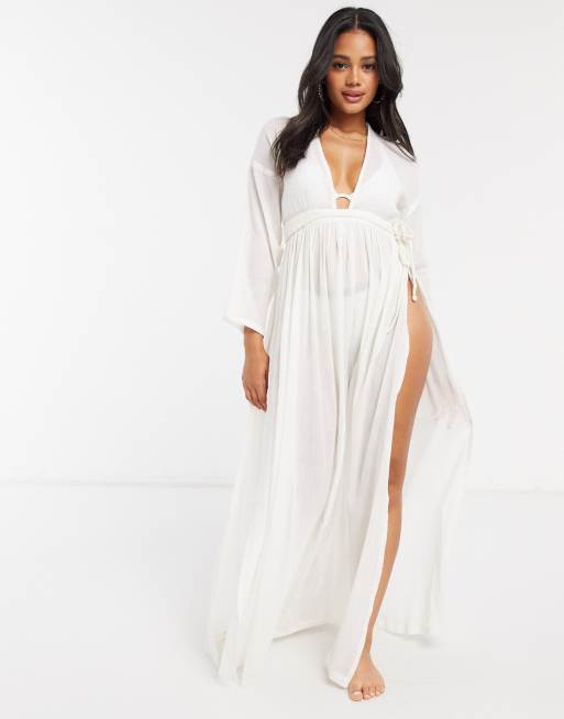 ASOS DESIGN Robe de plage longue style boh me avec d collet plongeant et manches longues Ivoire naturel froiss