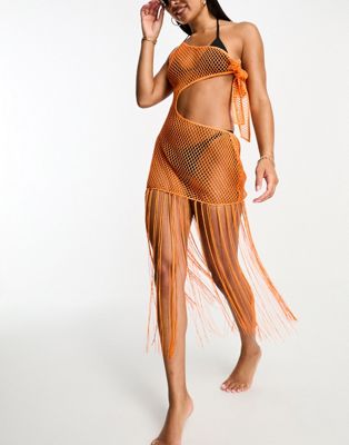 ASOS DESIGN one shoulder midi beach dress with fringing in orange - ASOS Price Checker