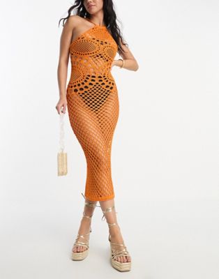 ASOS DESIGN halter crochet beach midi dress with circular pattern in orange - ASOS Price Checker