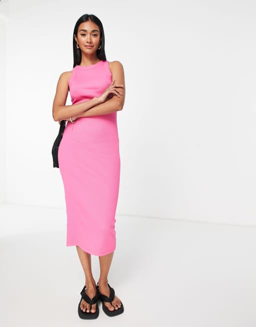 ASOS DESIGN - Robe débardeur mi-longue en tissu côtelé à devant nageur - Rose