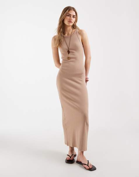 ASOS DESIGN - Robe débardeur mi-longue en tissu nervuré - Taupe - view 1