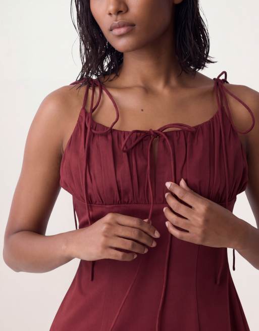 ASOS DESIGN - Robe décontractée courte en coton structuré avec liens noués à la taille basse - Bordeaux, 3 de 4