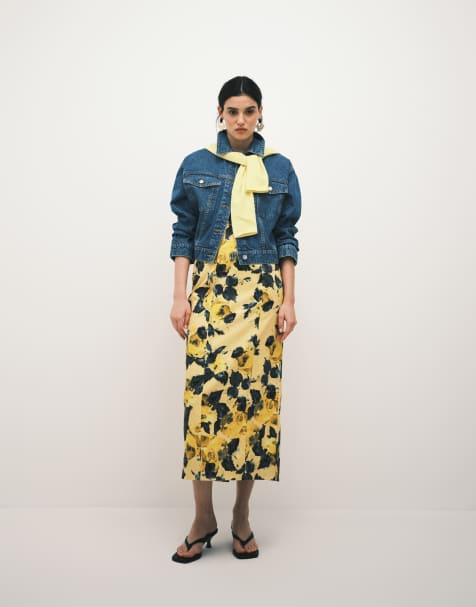 ASOS DESIGN - Robe décontractée longue en coton structuré à bretelles fines et détail au niveau du buste - Jaune imprimé - view 1