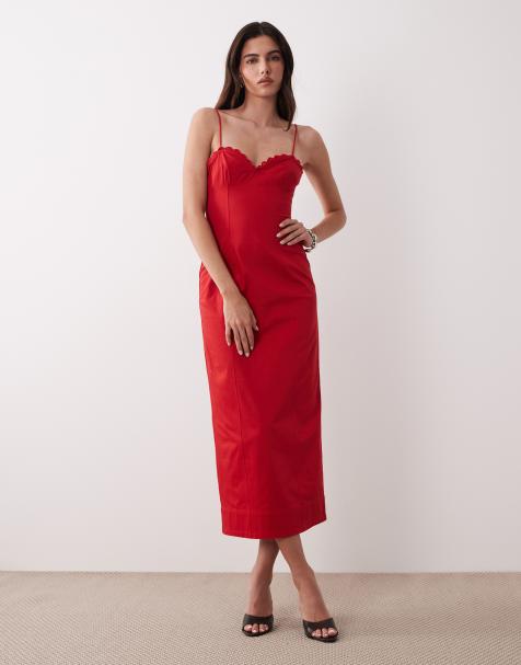 ASOS DESIGN - Robe décontractée longue en coton structuré à bretelles fines et détail au niveau du buste - Rouge - view 1