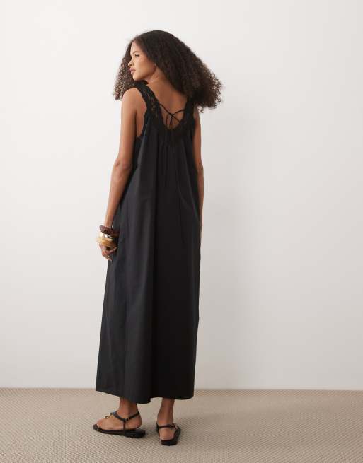 ASOS DESIGN - Robe d'été babydoll longue en popeline avec col V et superposition en dentelle - Noir , 2 de 4
