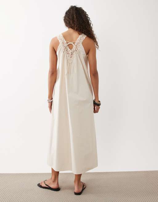 ASOS DESIGN - Robe d'été babydoll longue en popeline avec col V et superposition en dentelle - Os , 4 de 4