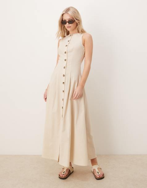 ASOS DESIGN - Robe d'été boutonnée longue style gilet de tailleur à encolure bateau - Grège - view 1