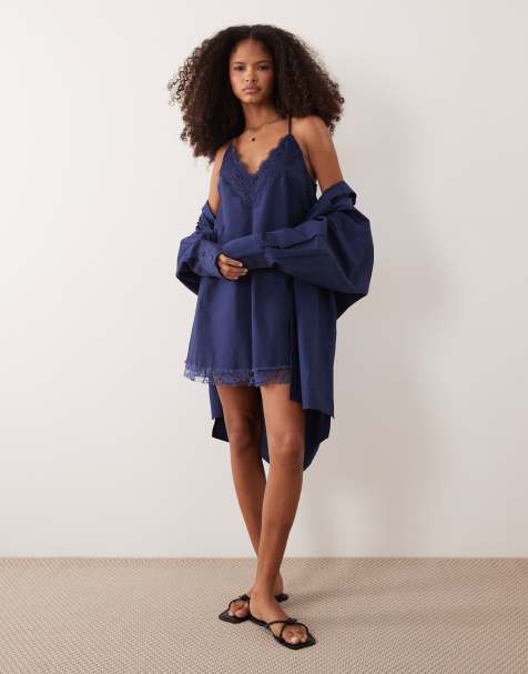 ASOS DESIGN - Robe d'été caraco courte à col en V avec superposition en dentelle - Bleu marine - view 1