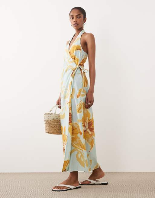 ASOS DESIGN - Robe d'été coupe portefeuille longue à imprimé fleuri en lin et coton avec dos nu - Bleu/jaune , 2 de 4