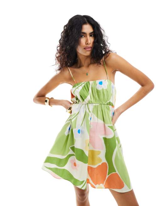 ASOS DESIGN Robe d ete courte a imprime abstrait avec corsage fronce et bretelles reglables Couleurs vives