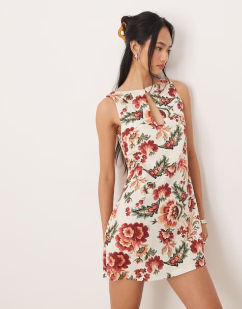 ASOS DESIGN - Robe d'été courte à imprimé fleuri vintage à encolure bateau et fente goutte d'eau - view 1